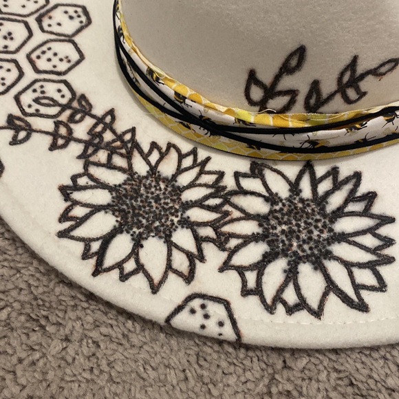Hand burned, flat, rancher, hat, honeycomb, and bees in sunflowers - Picture 4 of 5